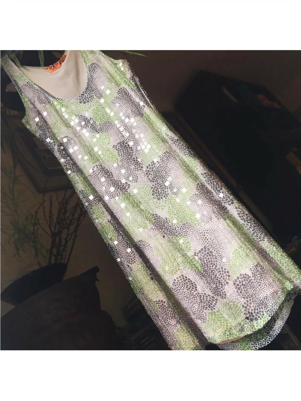 Tory Burch Cream/Gray/Green Sequin Silk Cocktail Tank Dress size 10 - Picture 2 of 8